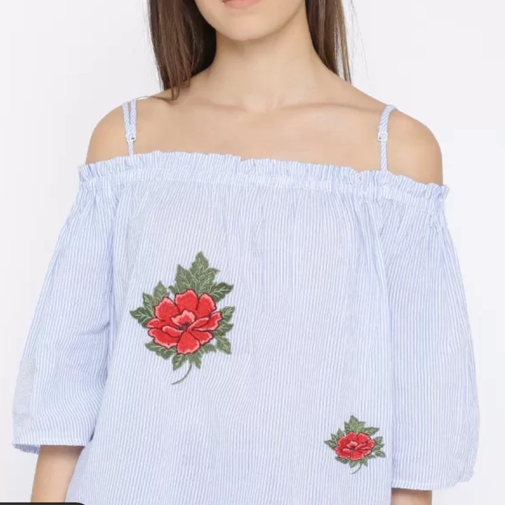 Forever21 Striped Blue Women’s Top with Floral Embroidery